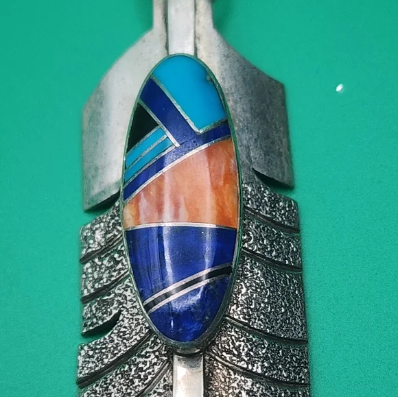 G. Howe Navajo Sterling Feather Pendant with Multi-stone Inlay - Picture 3 of 6